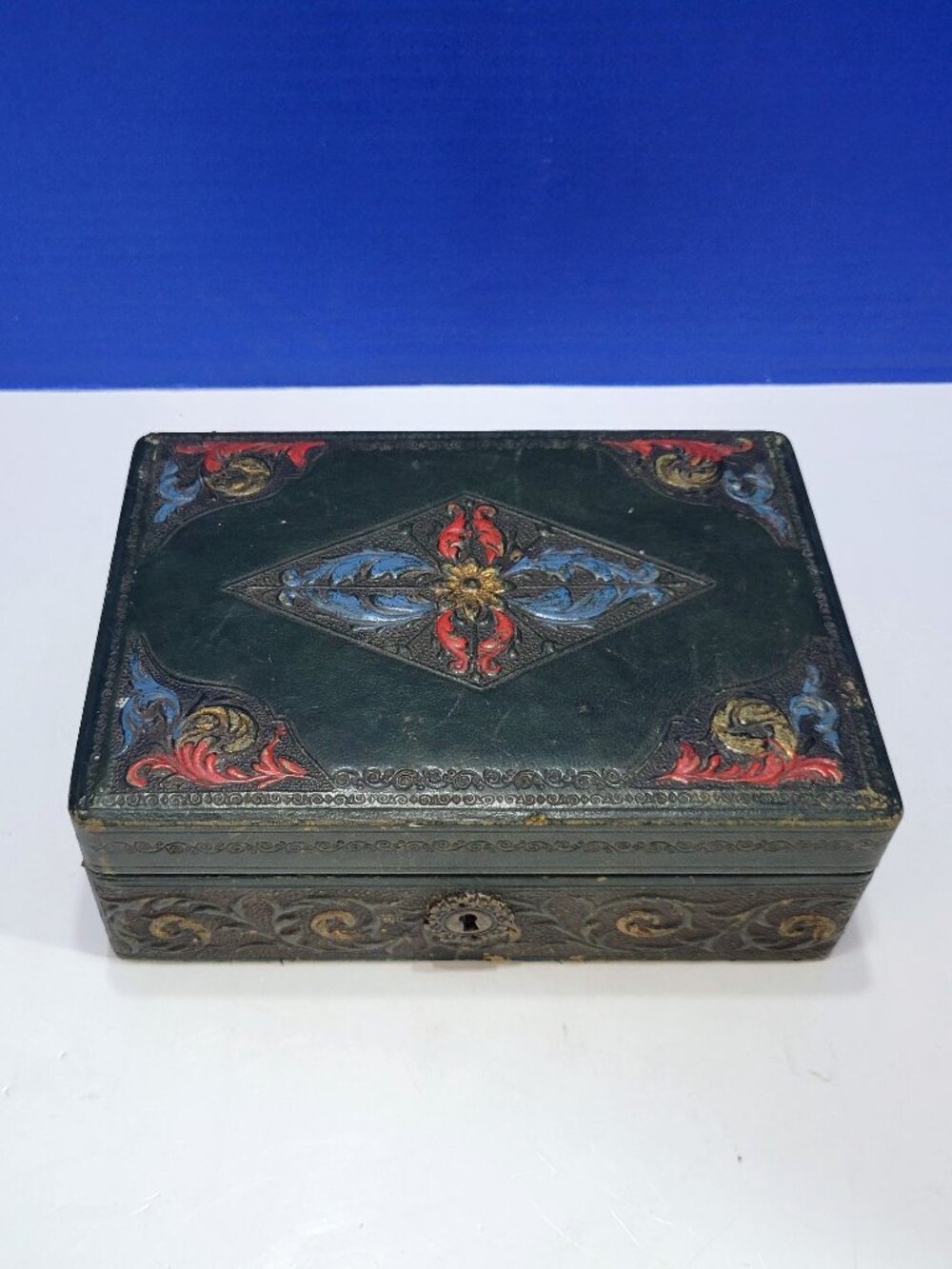 Antique Green Leather Painted Jewelry Box